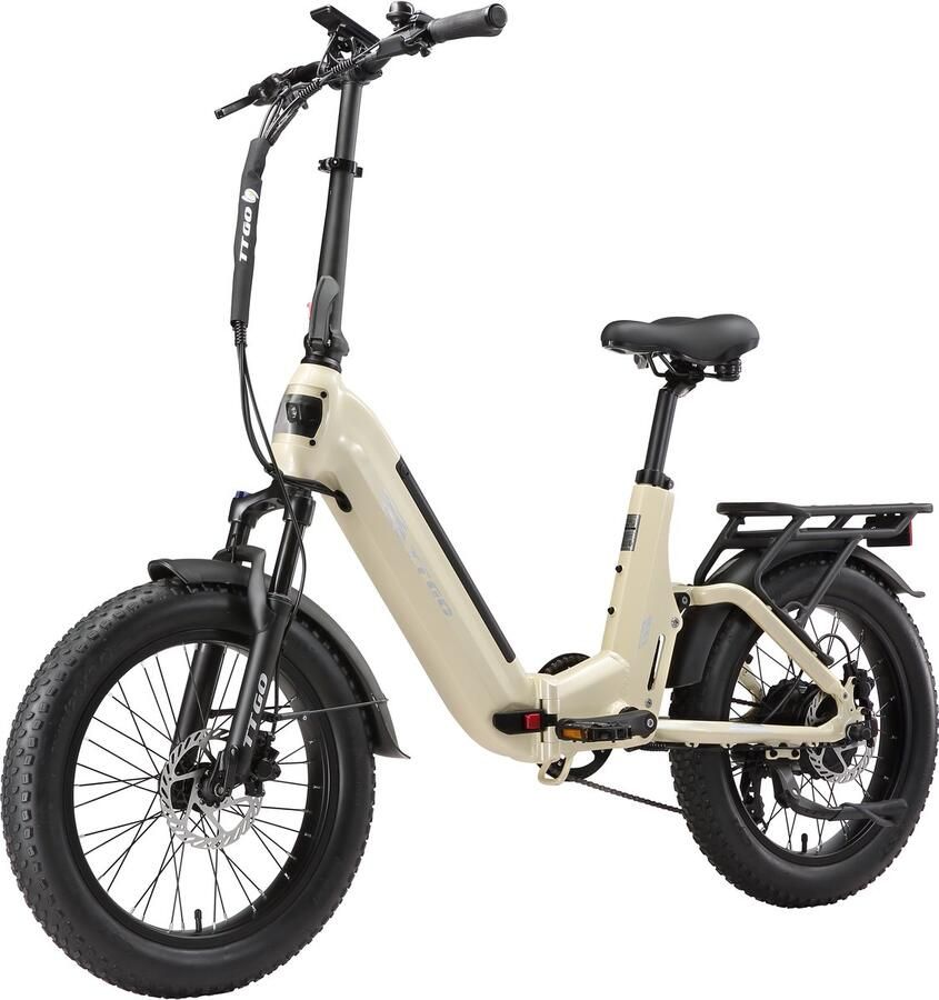 TTGO F7 Elektrische Fiets – Opvouwbaar – 48V 15Ah Lithium Accu – Actieradius tot 120 km – Aluminium Frame met Achtervering – Hydraulische Schijfrem – 20×3.0 inch Banden – Shi o 7 Versnellingen– Elektrische Stadsfiets – Parelwit