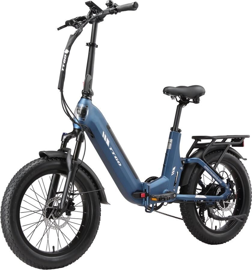 TTGO F7 Elektrische Fiets – Opvouwbaar – 48V 15Ah Lithium Accu – Actieradius tot 120 km – Aluminium Frame met Achtervering – Hydraulische Schijfrem – 20×3.0 inch Banden – Shi o 7 Versnellingen – Elektrische Stadsfiets – Middernachtblauw