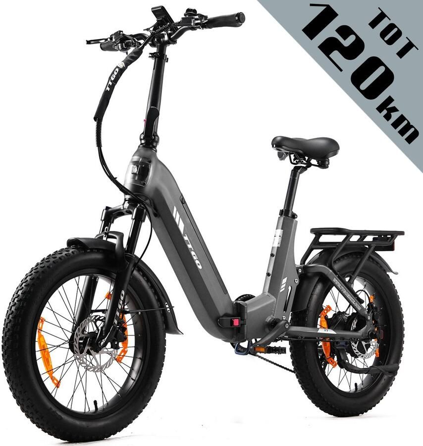 TTGO F7 Elektrische Fiets – Opvouwbaar – 48V 15Ah Lithium Accu – Actieradius tot 120 km – Aluminium Frame met Achtervering – Hydraulische Schijfrem – 20×3.0 inch Banden – Shi o 7 Versnellingen – Elektrische Stadsfiets – Grijs