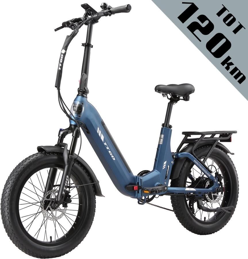 TTGO F7 Elektrische Fiets – Opvouwbaar – 48V 15Ah Lithium Accu – Actieradius tot 120 km – Aluminium Frame met Achtervering – Hydraulische Schijfrem – 20×3.0 inch Banden – Shi o 7 Versnellingen – Elektrische Stadsfiets – Middernachtblauw