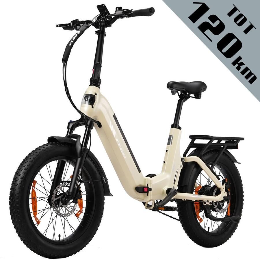 TTGO F7 Elektrische Fiets – Opvouwbaar – 48V 15Ah Lithium Accu – Actieradius tot 120 km – Aluminium Frame met Achtervering – Hydraulische Schijfrem – 20×3.0 inch Banden – Shi o 7 Versnellingen– Elektrische Stadsfiets – Parelwit