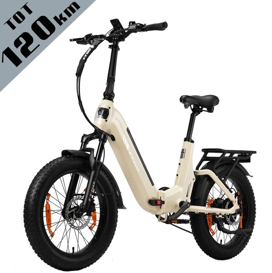 TTGO F7 Elektrische Fiets – Opvouwbaar – 48V 15Ah Lithium Accu – Actieradius tot 120 km – Aluminium Frame met Achtervering – Hydraulische Schijfrem – 20×3.0 inch Banden – Shi o 7 Versnellingen– Elektrische Stadsfiets – Parelwit - Foto 2