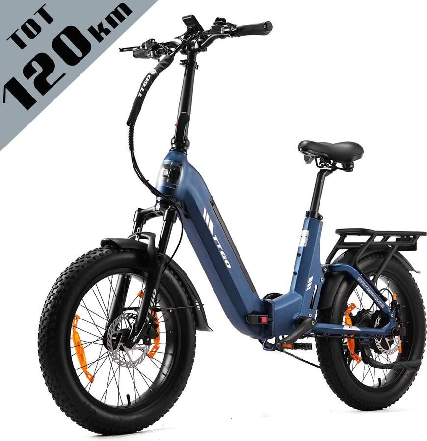 TTGO F7 Elektrische Fiets – Opvouwbaar – 48V 15Ah Lithium Accu – Actieradius tot 120 km – Aluminium Frame met Achtervering – Hydraulische Schijfrem – 20×3.0 inch Banden – Shi o 7 Versnellingen – Elektrische Stadsfiets – Middernachtblauw