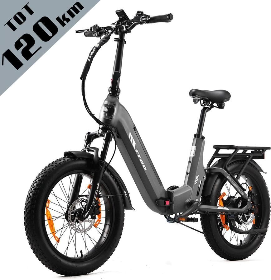 TTGO F7 Elektrische Fiets – Opvouwbaar – 48V 15Ah Lithium Accu – Actieradius tot 120 km – Aluminium Frame met Achtervering – Hydraulische Schijfrem – 20×3.0 inch Banden – Shi o 7 Versnellingen – Elektrische Stadsfiets – Grijs