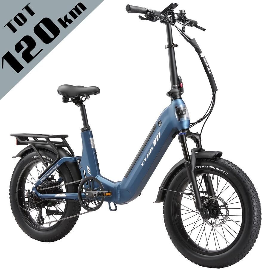 TTGO F7 Opvouwbare Elektrische Fiets – 720Wh Lithium Accu – Actieradius tot 120 km – Aluminium Frame met Achtervering – 20×3.0 inch Brede Banden – Hydraulische Schijfrem – Shi o 7 Versnellingen – Elektrische Stadsfiets – Blauw