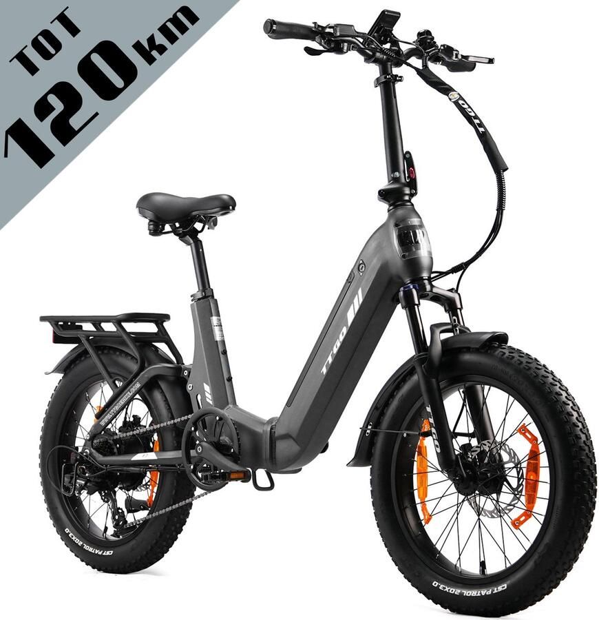 TTGO F7 Opvouwbare Elektrische Fiets – 720Wh Lithium Accu – Actieradius tot 120 km – Aluminium Frame met Achtervering – 20×3.0 inch Brede Banden – Hydraulische Schijfrem – Shi o 7 Versnellingen – Elektrische Stadsfiets – Grijs