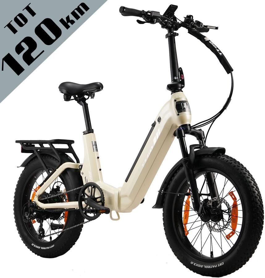 TTGO F7 Opvouwbare Elektrische Fiets – Aluminium Frame met Achtervering – 720Wh Lithium Accu – Actieradius tot 120 km – 20×3.0 inch Brede Banden – Hydraulische Schijfrem – Achterwielmotor – Shi o 7 Versnellingen– Elektrische Stadsfiets– Parelwit