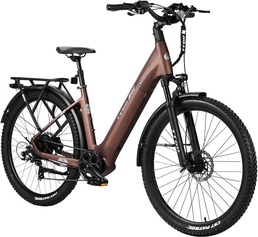TTGO Z3 Elektrische Fiets – 48V 15Ah Accu (720Wh) – Achterwielmotor – Actieradius tot 120 km – 27.5×2.4 Inch Banden – LCD Display – Shi o 7 Versnellingen – Hydraulische Schijfrem – Stadsfiets – Max. Belastbaar 125 kg – Bruin