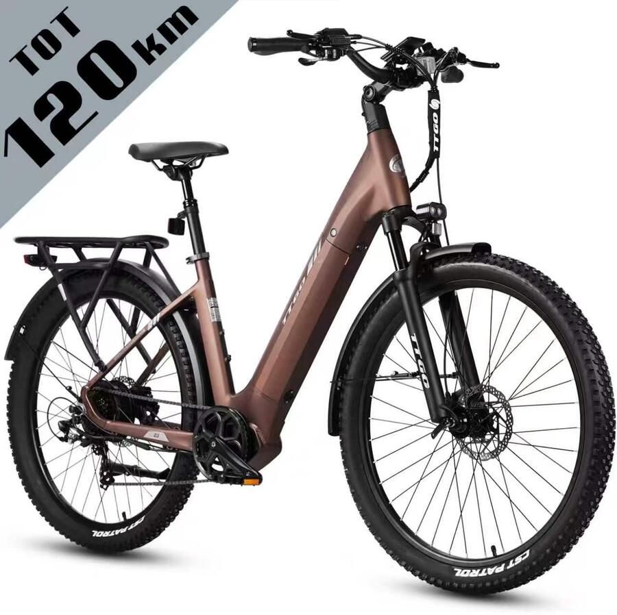 TTGO Z3 Elektrische Fiets – 48V 15Ah Accu (720Wh) – Achterwielmotor – Actieradius tot 130 km – 27.5×2.4 Inch Banden – LCD Display – Shi o 7 Versnellingen – Hydraulische Schijfrem – Stadsfiets – Max. Belastbaar 125 kg – Bruin