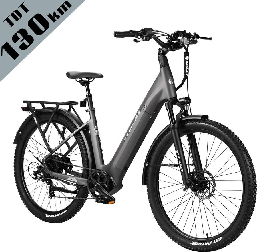 TTGO Z3 Elektrische Fiets – 48V 15Ah Accu (720Wh) – Achterwielmotor – Actieradius tot 130 km – 27.5×2.4 Inch Banden – LCD Display – Shi o 7 Versnellingen – Hydraulische Schijfrem – Stadsfiets – Max. Belastbaar 125 kg – Grijs