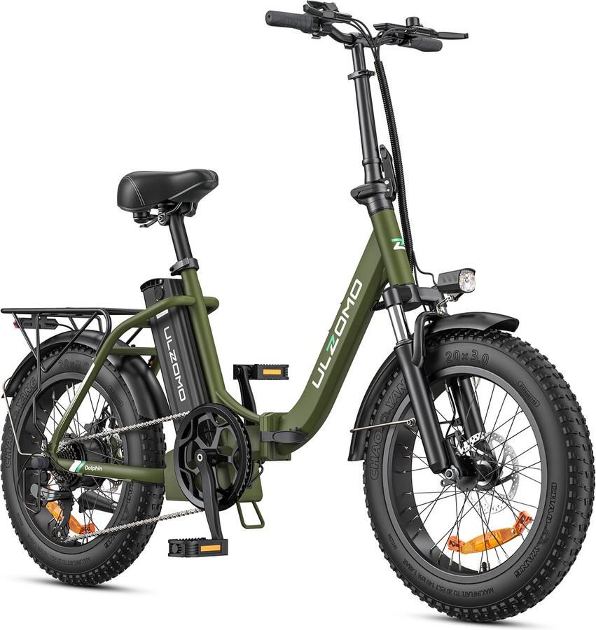 ULZOMO Dolphin Vouwbare Elektrische Fiets 20 inch Voorvering 250W 25km h 36V 18.2Ah Accu Mechanische schijfrem Stadsfiets voor woon‑werkverkeer E-bike Groen