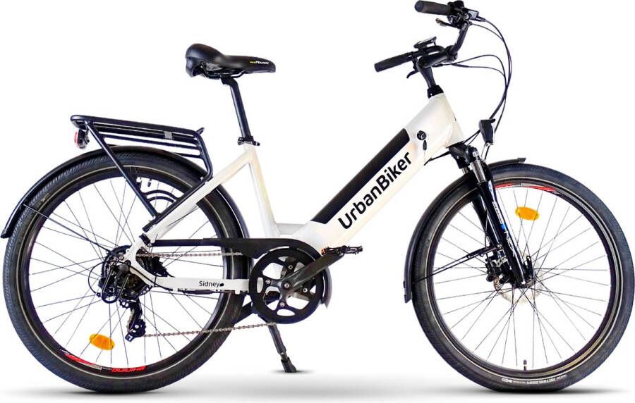 Urbanbiker Sidney Elektrische Stadsfiets- Afneembare Lithium Accu 504WH (48v 17 5Ah) Samsung Cellen 250W Motor Wit 26 inch 7 Versnellingen Hydraulische Rem Unisex