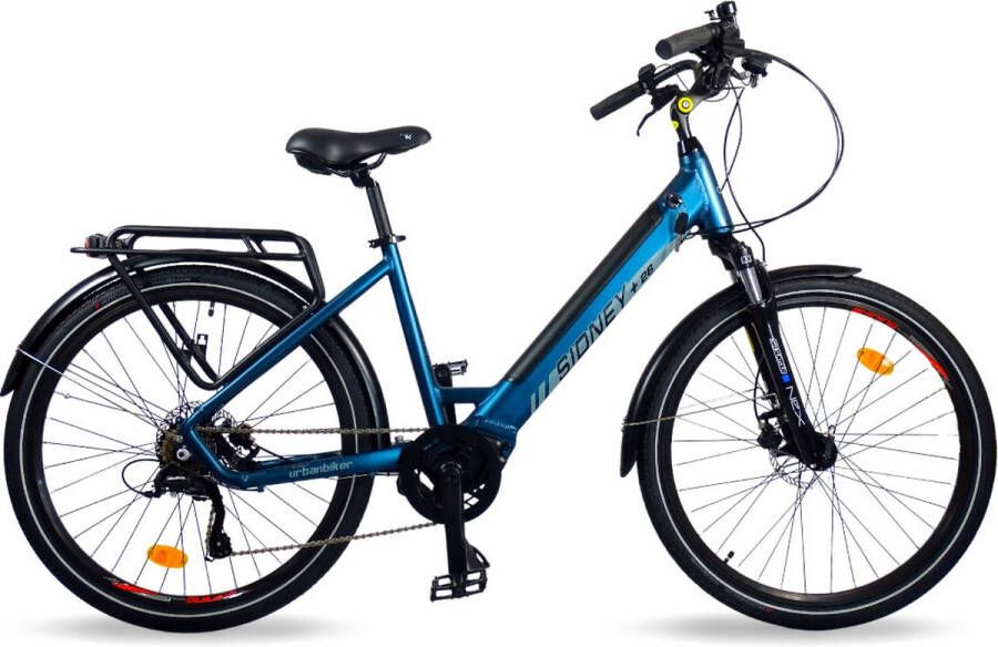 Urbanbiker Sidney PLUS Elektrische Stadsfiets Afneembare Lithium Accu 540 WH (36V 15 Ah) Samsung cellen Middenmotor 55Nm 26 inch (donker) Blauw 7 Versnellingen Hydraulische Rem Unisex Voor in de Stad