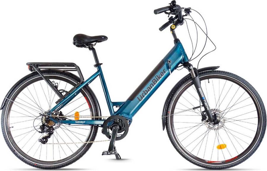 Urbanbiker Sidney PLUS Elektrische Stadsfiets Afneembare Lithium Accu 504 WH (36V 14 Ah) Samsung cellen Middenmotor 55Nm 26 inch (donker) Blauw 7 Versnellingen Hydraulische Rem Unisex Voor in de Stad