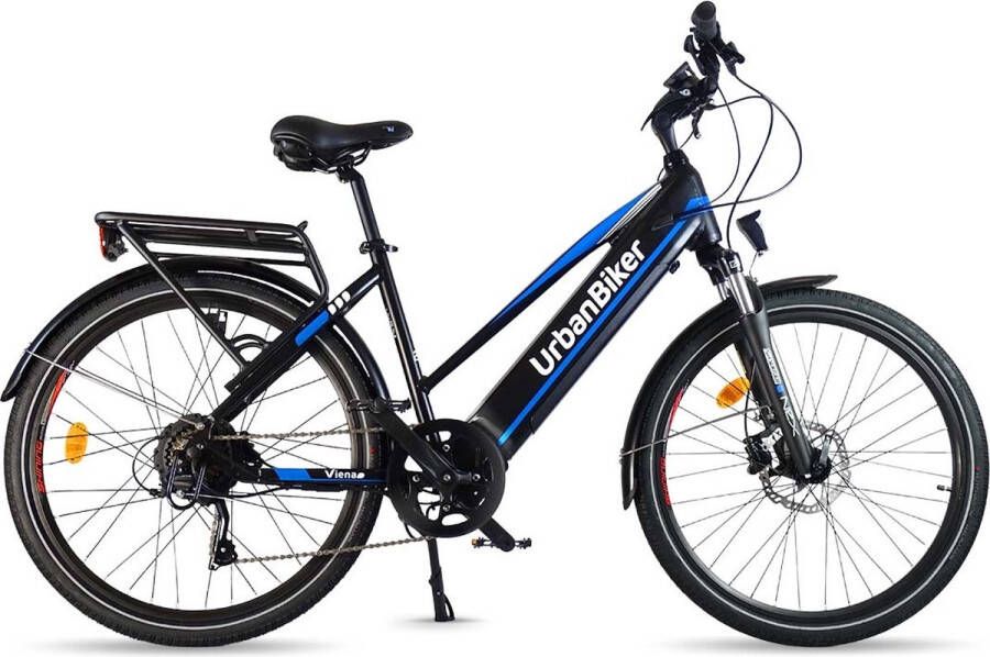 Urbanbiker Viena Elektrische Trekking Fiets Afneembare Lithium Accu 720Wh (48V en 15 Ah) Samsung Cellen 250W Motor Blauw 28 inch 7 Versnellingen Hydraulische Remmen Unisex