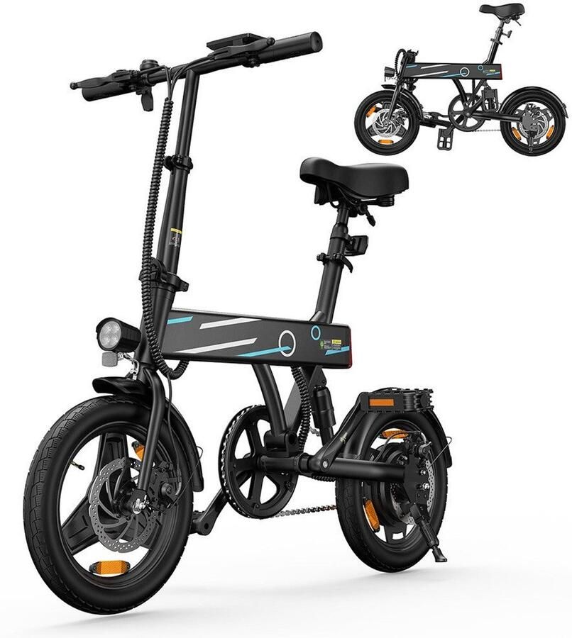 Vankel Elektrische Fiets EB1 – 7 8Ah Accu – Max Actieradius 80 KM 14*2.1 Inch Banden Maximale Snelheid 25 Km H Maximaal Draagvermogen 150 Kg LED Verlichting – Compact & Geschikt voor Stad en Vrije Tijd Elektrische Vouwfiets Zwart