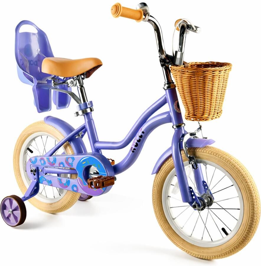 Vankel Kinderfiets 14 Inch – Met Steunwielen – Terugtraprem en Velgrem – Sterk Stalen Frame – Volledig Gesloten Kettingkast – Afneembare Fiets d – Verstelbaar Zadel – Antislip Banden – Geschikt voor 2-4 Jaar – Duurzame Kinderfiets– Paars