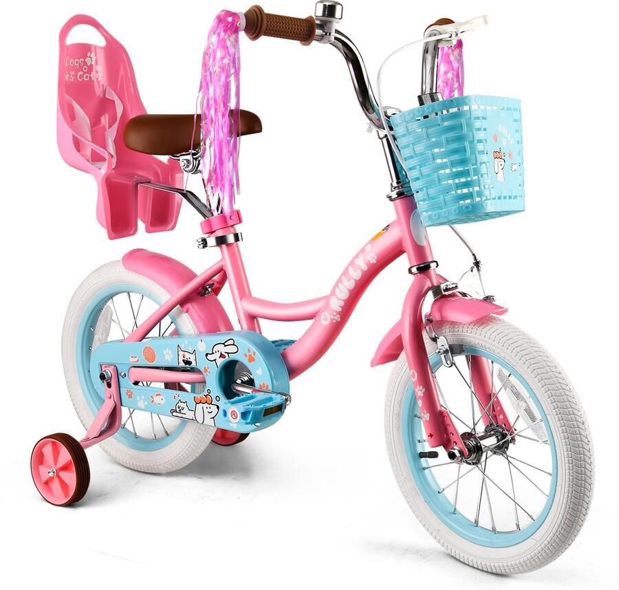 Vankel Kinderfiets 14 Inch – Met Steunwielen – Terugtraprem en Velgrem – Sterk Stalen Frame – Volledig Gesloten Kettingkast – Afneembare Fietsmand – Verstelbaar Zadel – Antislip Banden – Geschikt voor 2-4 Jaar – Duurzame Kinderfiets– Roze