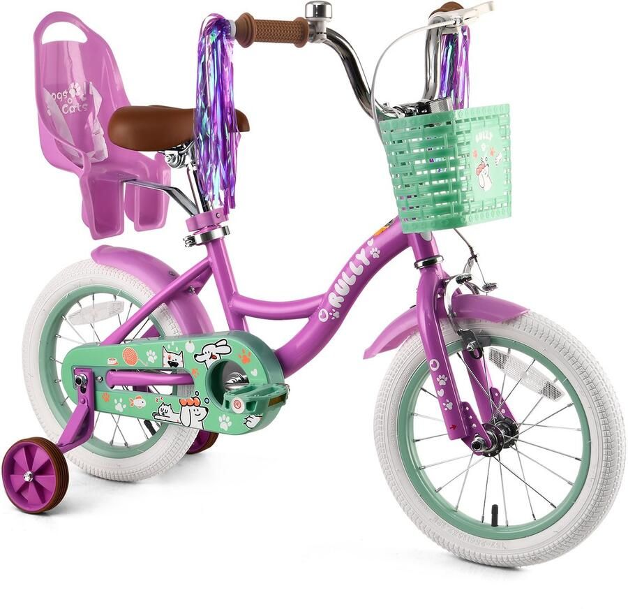 Vankel Kinderfiets 14 Inch – Met Steunwielen – Terugtraprem en Velgrem – Sterk Stalen Frame – Volledig Gesloten Kettingkast – Afneembare Fiets d – Verstelbaar Zadel – Antislip Banden – Geschikt voor 2-4 Jaar – Duurzame Kinderfiets– Paars