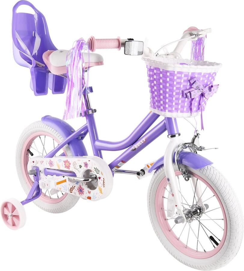 Vankel Kinderfiets voor Meisjes 12 14 16 inch Bloemendesign Met Zijwieltjes Rieten Mand en Poppenzitje Paars