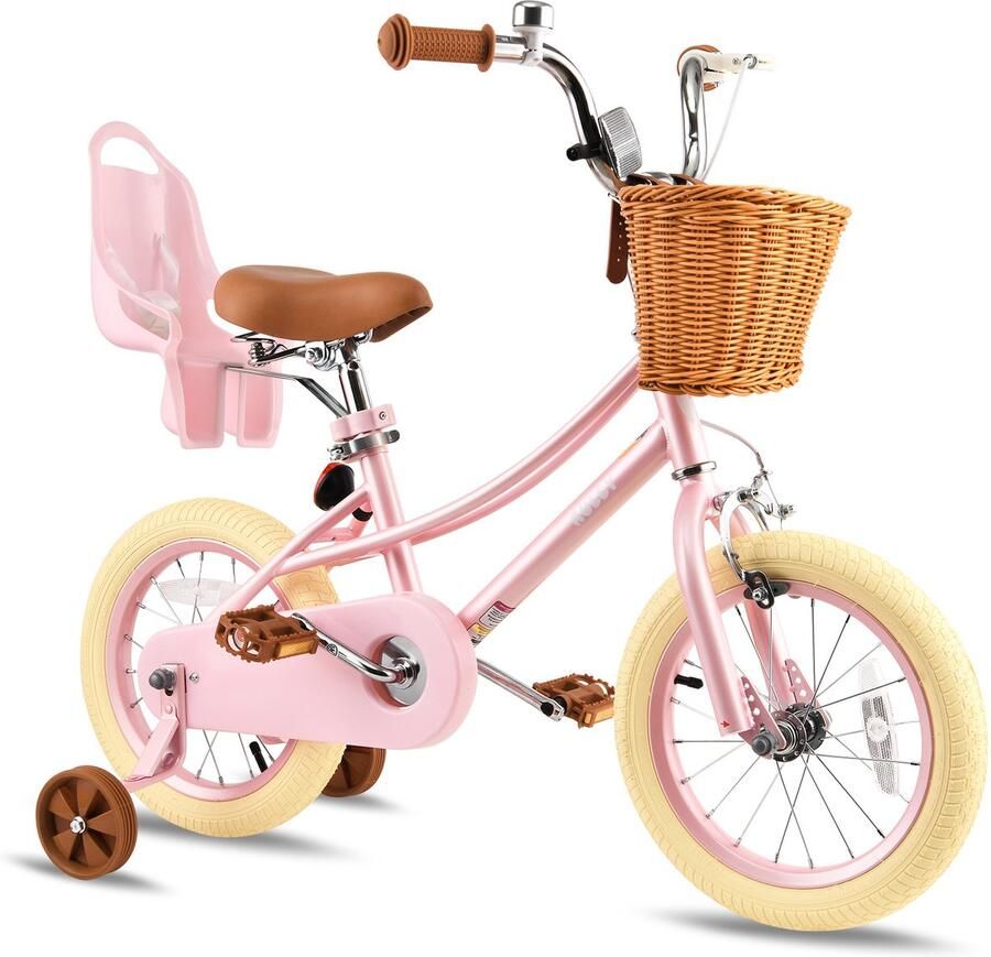 Vankel Kinderfiets voor Meisjes 12 14 16 inch Retro Fiets Met Rieten Mand Zijwieltjes en Bel