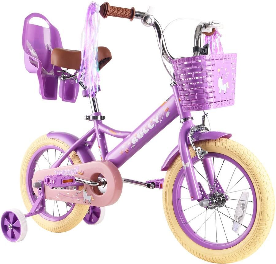 Vankel Kinderfiets voor Meisjes 12 14 16 inch Unicorn 2-7 Jaar Met Zijwieltjes Mandje en Poppenzitje Paars