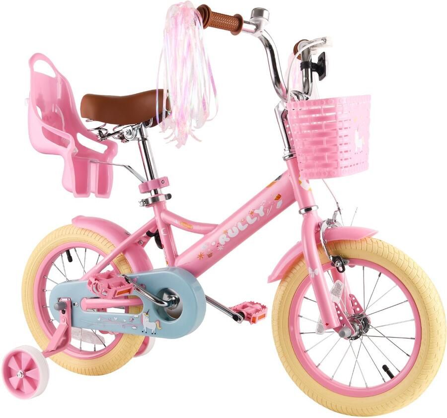 Vankel Kinderfiets voor Meisjes 12 14 16 inch Unicorn 2-7 Jaar Met Zijwieltjes Mandje en Poppenzitje Roze