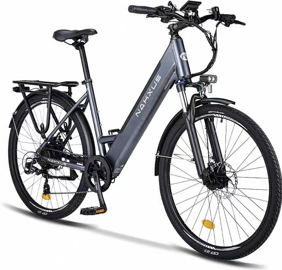 Vankel Lage Instap Elektrische Fiets 36V 450Wh Accu 65 km Actieradius 26 inch Stadsfiets Shi o 7 Versnellingen App Display Grijs