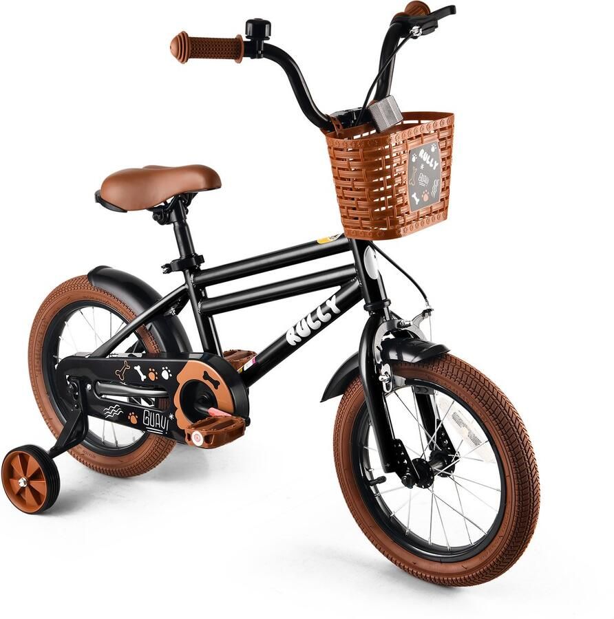 Vankel Rully Honden Kinderfiets voor Jongens 12 14 16 inch Met Zijwieltjes Mand en Bel Zwart