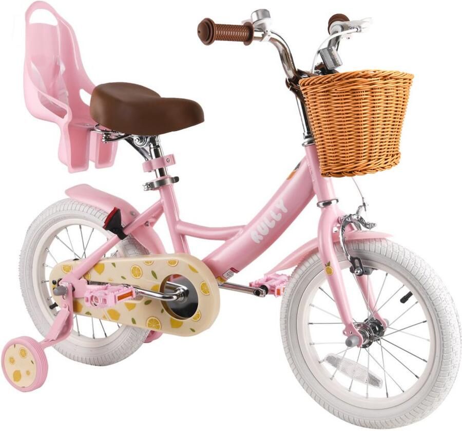 Vankel Rully Meisjesfiets 12 14 16 inch Fruitendesign Met Zijwieltjes Bruine Rieten Mand en Poppenzitje -Roze