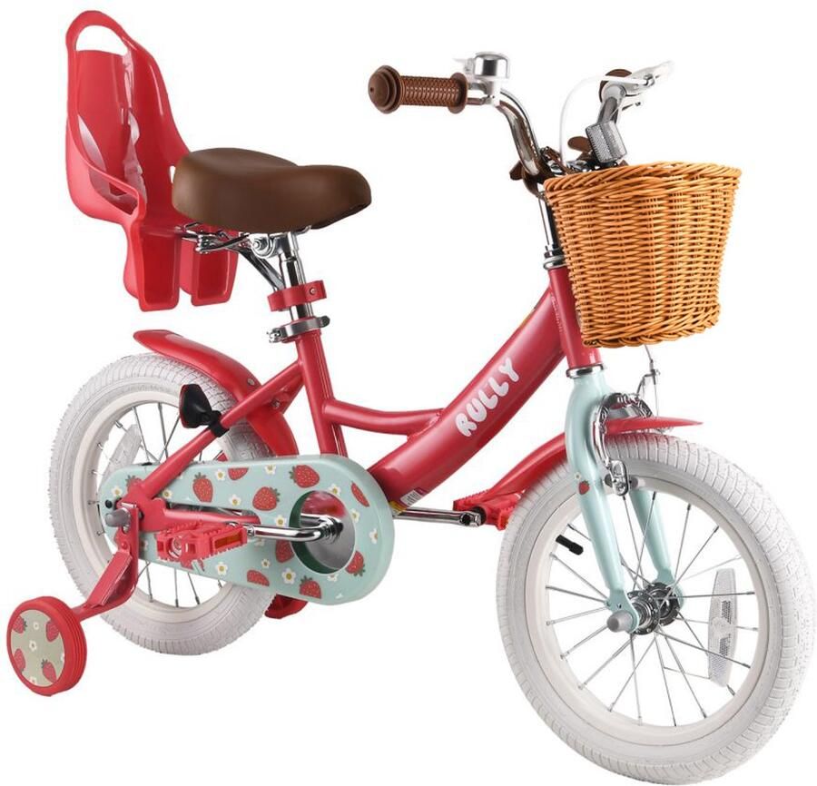 Vankel Rully Meisjesfiets 12 14 16 inch Fruitendesign Met Zijwieltjes Bruine Rieten Mand en Poppenzitje rood