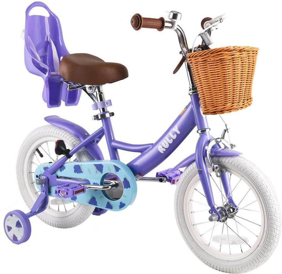 Vankel Rully Kinderfiets voor Meisjes 12 14 16 inch Citroendesign Met Zijwieltjes Rieten Mand en Poppenzitje -Paars