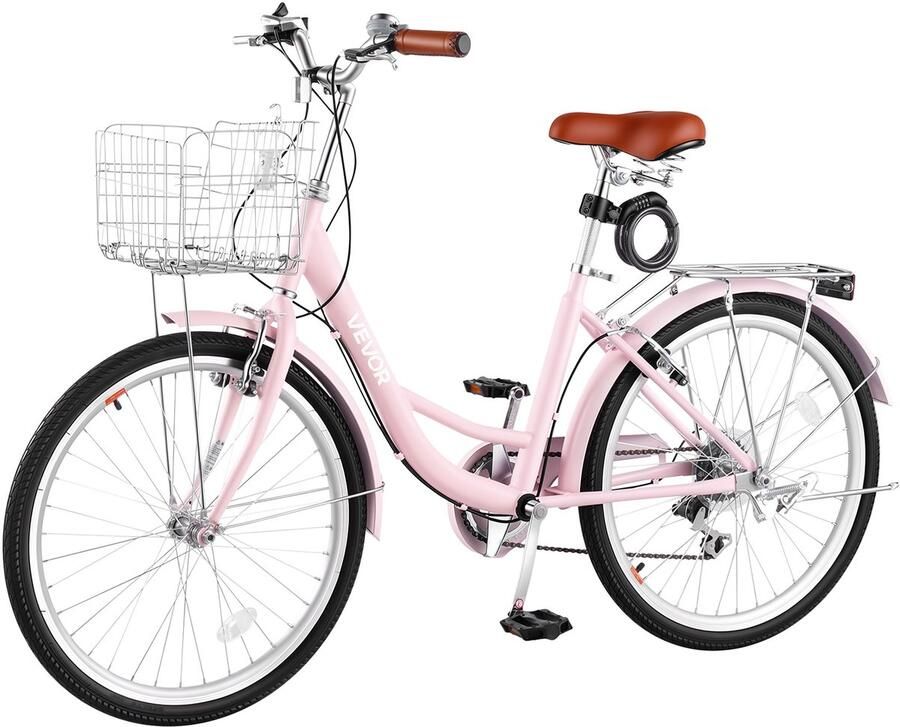 Vevor Dames Cruiserfiets van 24 inch 150 Kg 7 Versnellingen Stadsfiets Roze voor Woon-Werkverkeer Boodschappen en Stranduitstapjes met Dubbele V-Remmen Bagagedrager van 50 Kg Spatborden en Handschoenen