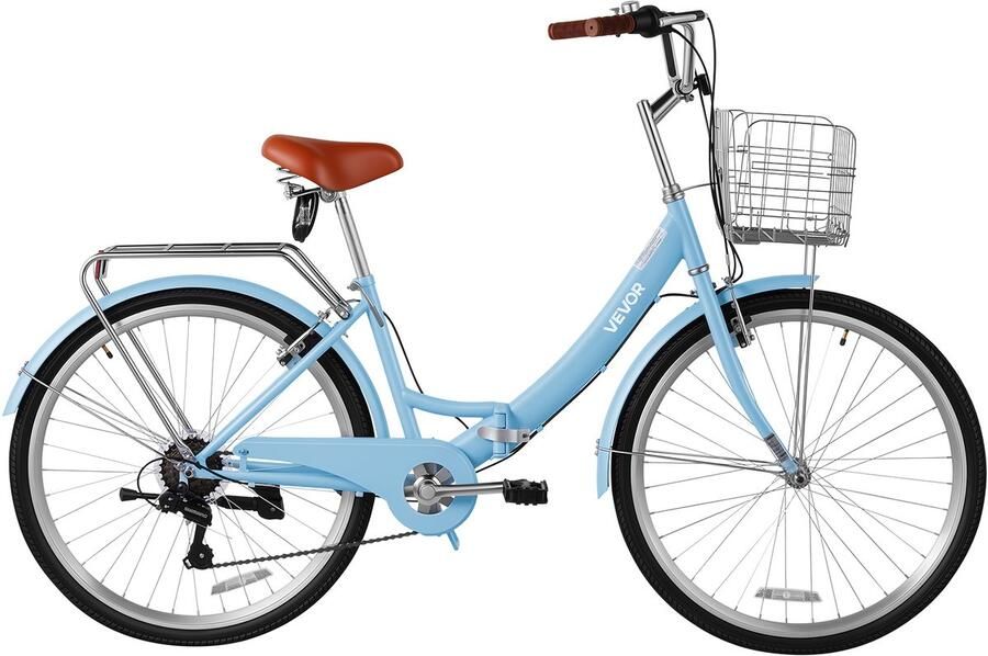 Vevor Damesfiets 26 inch 7-Versnellings Cruiser Stadsfiets Lichtblauw Opvouwbaar voor Stad Strand Winkelen en Reizen met Lage Instap Opvouwbaar Voormandje Bagagedrager tot 50 Kg en Dubbele V-Remmen