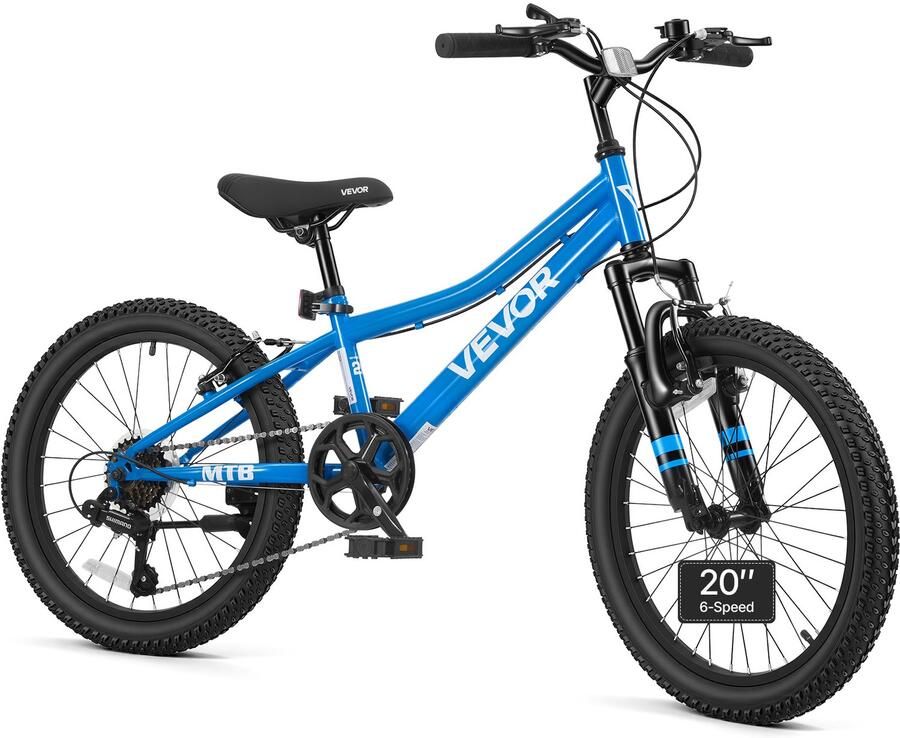 Vevor Mountainbike 20 inch 6-Versnellingsfiets van Koolstofstaal Blauw voor Recreatief Fietsen en Lichte Offroad-Tochten Draagvermogen van 80 Kg Bel Verstelbaar Zadel Bevestigingspunt voor Verlichting en Dubbele Rem