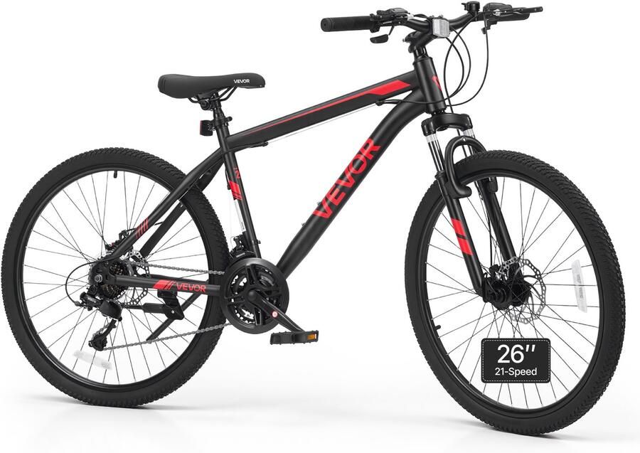Vevor Mountainbike voor en 26 inch 21 Versnellingen Zwart Rood Ideaal voor Volwassenen Frame van Koolstofstaal met Geveerde Voorvork Draagvermogen van 120 Kg Bel Reflectoren en Verstelbaar Zadel
