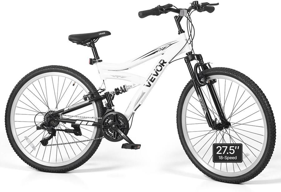 Vevor Mountainbike voor en 27 5 inch 18 Versnellingen Zwart-Wit Ideaal voor Volwassenen Frame van Koolstofstaal Volledige Vering Draagvermogen van 120 Kg Bel Reflectoren en Verstelbaar Zadel