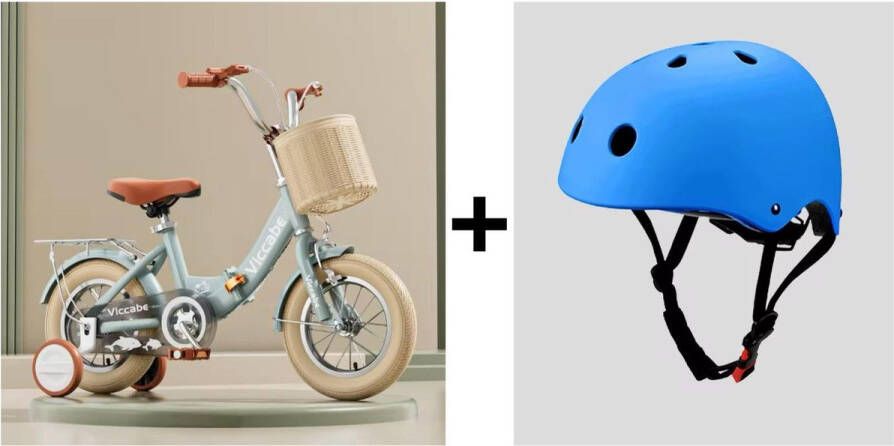 Viccabe • Kinderfiets 12 inch • Meisjes en Jongesfiets met mandje en helm • Eerste fiets met zijwieltjes • Kinderfiets retro stijl • Kinderfiets groen 2-4 jaar