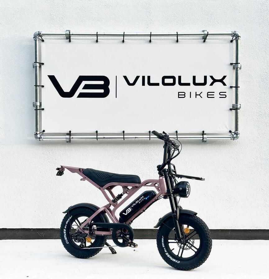 Vilolux Fatbike electrisch Fatbike V20 Mini 2025 Model Voorrek Legaal Rijklaar geleverd 16 Inch Niet opvoerbare fatbikes 2 Jaar garantie Telefoontasje Hydraulische rem Alarm Rose Gold