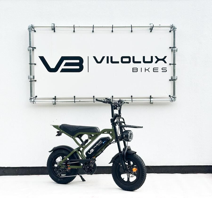 Vilolux Fatbike elektrisch Fatbike V20 Mini ARMY GREEN Voorrek Legaal Rijklaar geleverd 16 Inch 2 Jaar garantie Telefoontasje Hydraulische rem 7 versnellingen Alarm