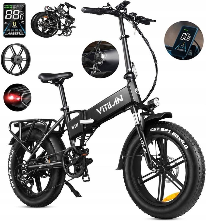 VITILAN V3 2.0 Opvouwbare Elektrische Fiets – 48V 13Ah Accu 120km Bereik 20x4.0 Vetbanden 7-Speed Shi o – Zwart