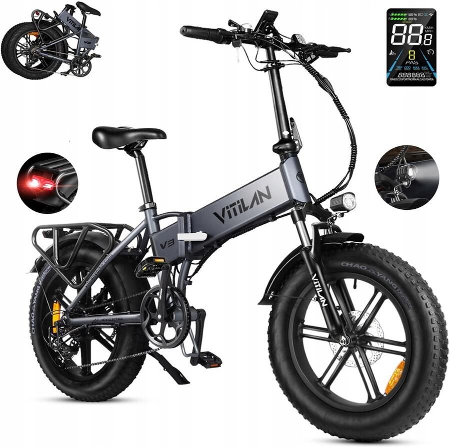 VITILAN V3 2.0 Opvouwbare Elektrische Fiets – 48V 13Ah Accu 120km Bereik 20x4.0 Vetbanden 7-Speed Shi o – Grijs