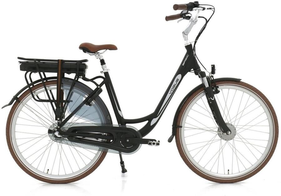 Vogue Basic N7 Elektrische Fiets Mat Zwart met Bruine Accenten 47cm – Elektrische Damesfiets met 468Wh Accu Shimano Nexus 7 Versnellingen Voorwielmotor & LED Verlichting – Actieradius tot 120 km