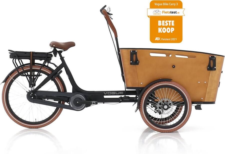 Vogue Carry 3 – Mat Zwart Bruin – Elektrische Bakfiets – Ananda M81 middenmotor – 540Wh accu – 8 versnellingen – Inclusief huif – Hydraulische schijfrem