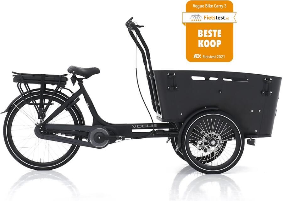Vogue Carry 3 – Mat Zwart Zwart – Elektrische Bakfiets – Ananda M81 middenmotor – 540Wh accu – 8 versnellingen – Inclusief huif – Hydraulische schijfrem