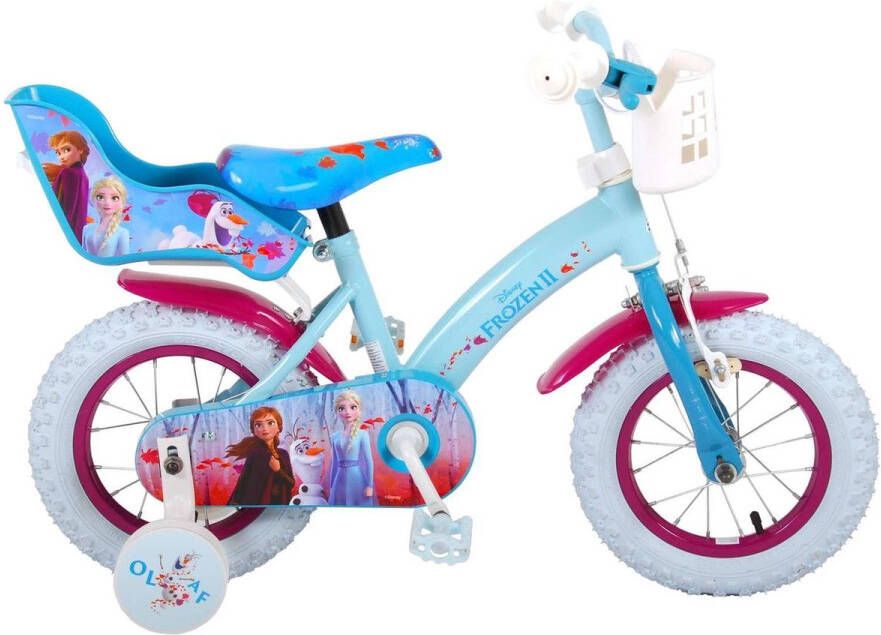 Volare Disney Frozen 2 Kinderfiets Meisjes 12 inch Blauw Paars Mandje voor en Poppenzitje achter
