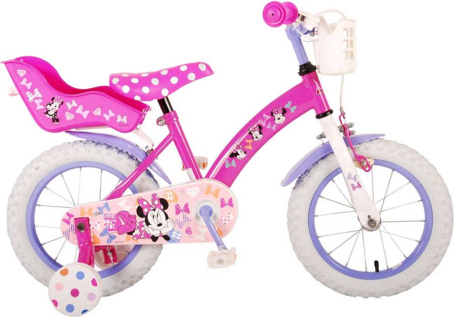 Volare Disney Minnie Cutest Ever! Kinderfiets Meisjes 14 inch Roze Met mandje voor en poppenzitje achter