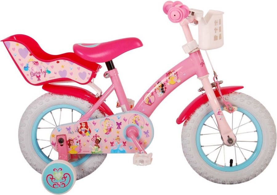 Volare Disney Princess Kinderfiets Meisjes 12 inch Roze Met mandje voor en poppenzitje achter