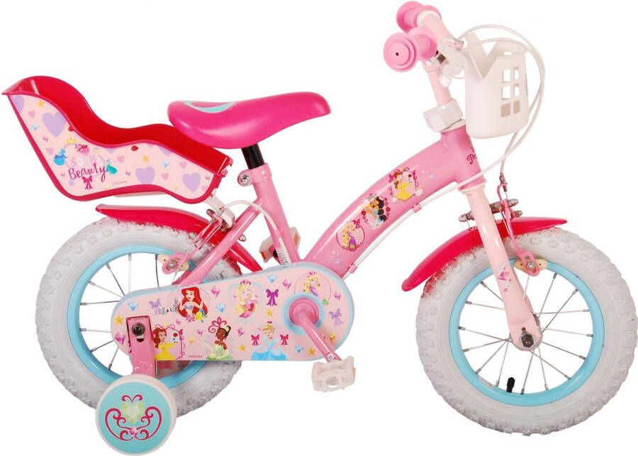 Volare Disney Princess Kinderfiets Meisjes 12 inch Roze Twee handremmen Met mandje voor en poppenzitje achter