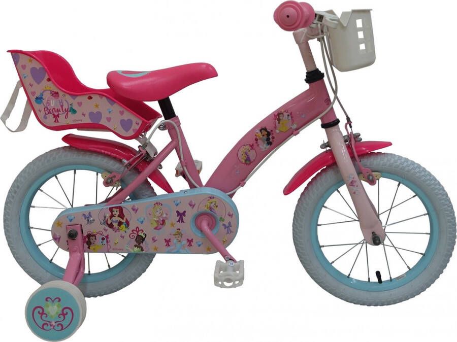 Volare Disney Princess Kinderfiets Meisjes 14 inch Roze Twee handremmen Met mandje voor en poppenzitje achter